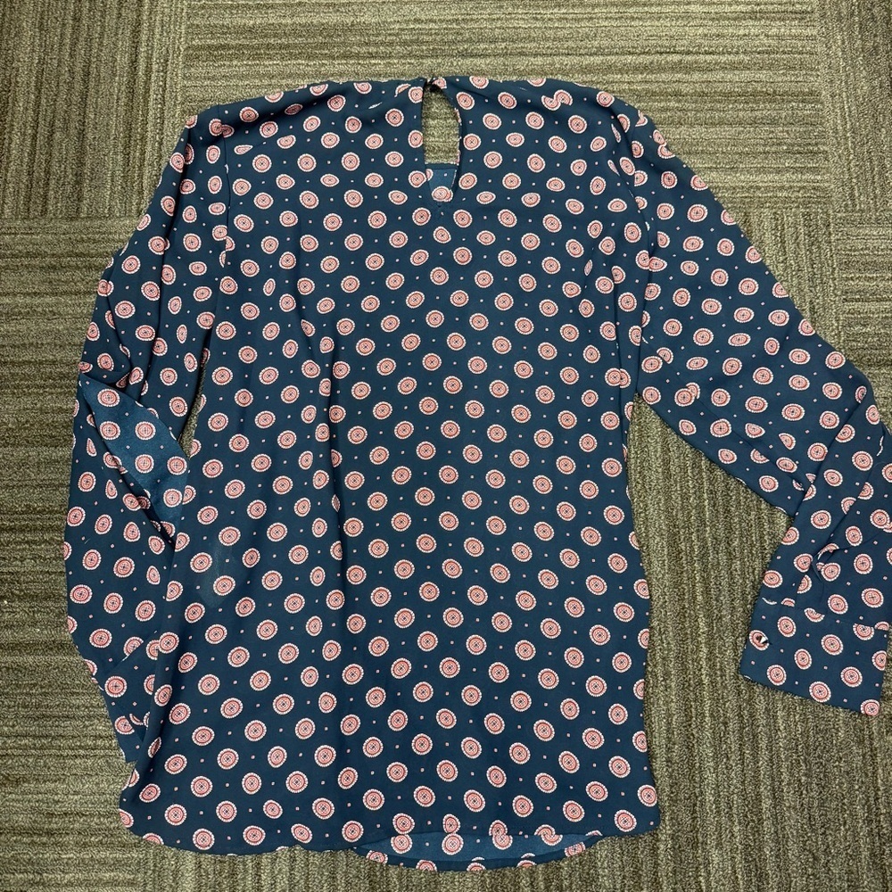 Banana Republic Long Sleeve Blouse Circular Print Ruffle Detail Red and Navy - Picture 8 of 10